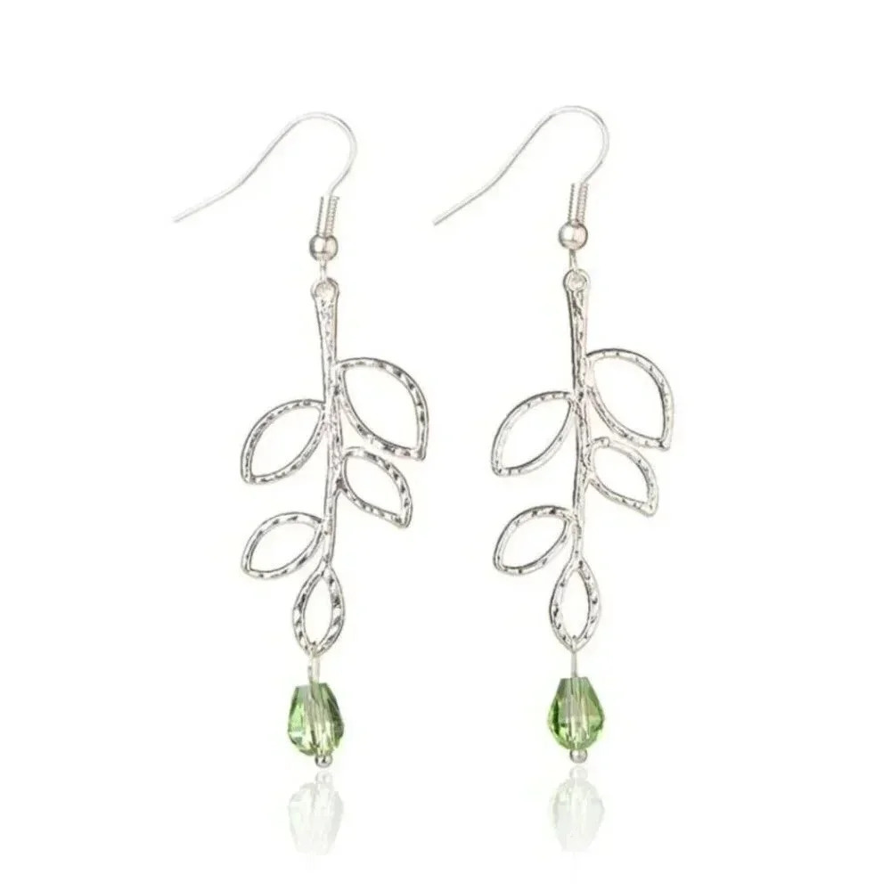 Silver Plated Leaf Dangle Pendant and Green Faceted Crystal Handcrafted Earrings